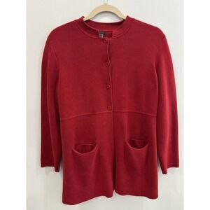Eileen Fischer Red Silk Cotton Cardigan Jacket Women's M Pockets Quiet Luxury